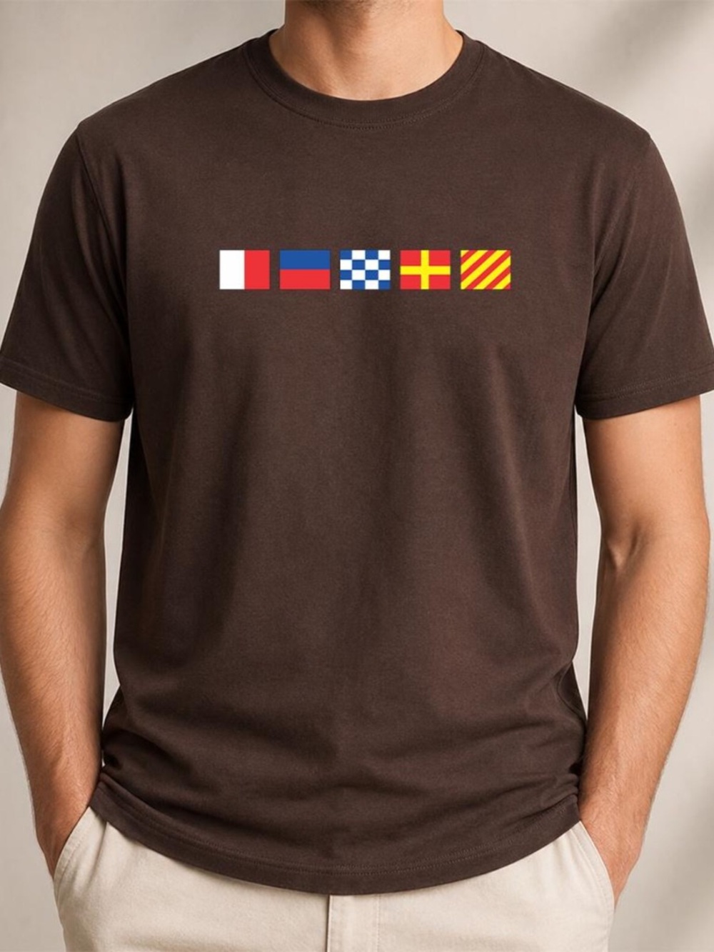 Dark Chocolate Short Sleeve Graphic Tee with Nautical Flag Row